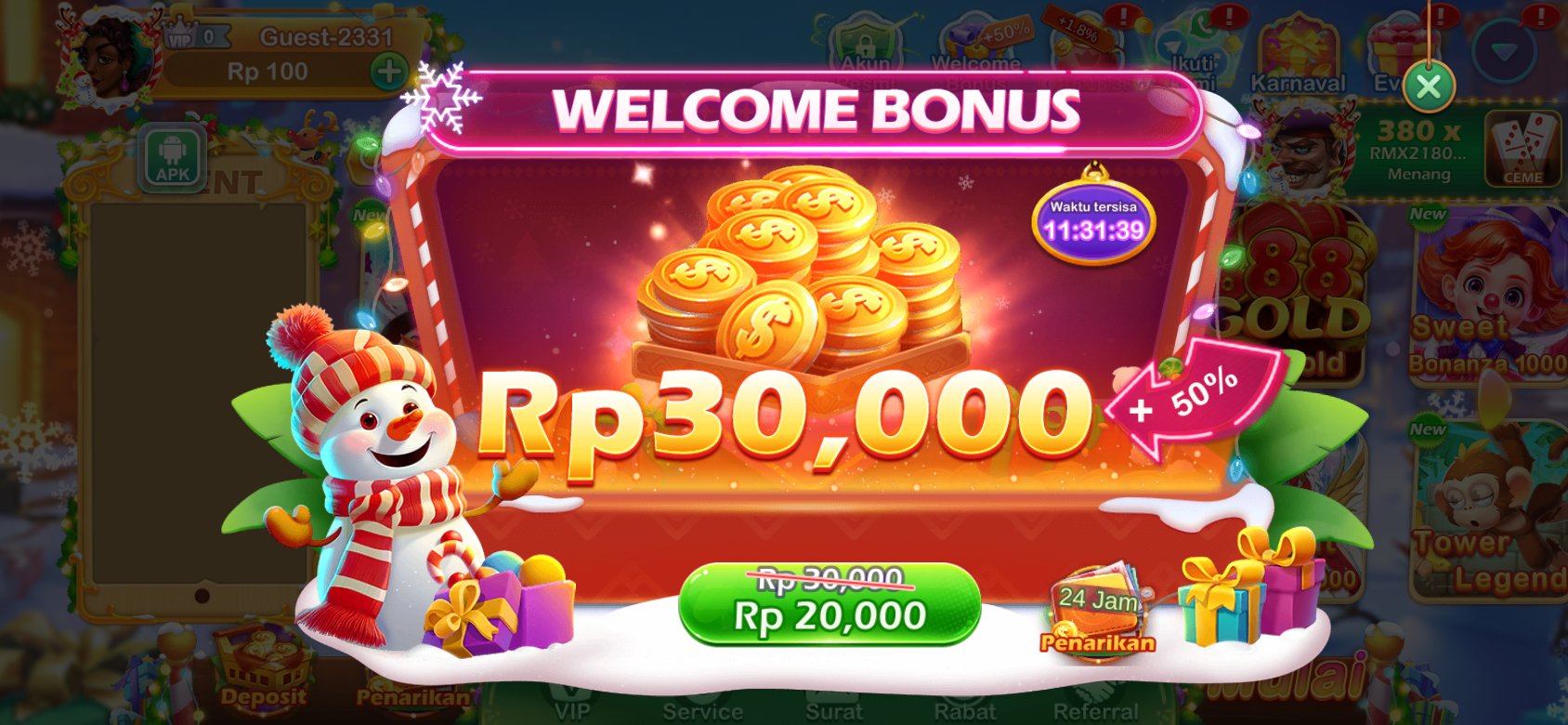 Bonus selamat datang K3K3 Apk Modify dengan diskon spesial untuk pengguna baru.